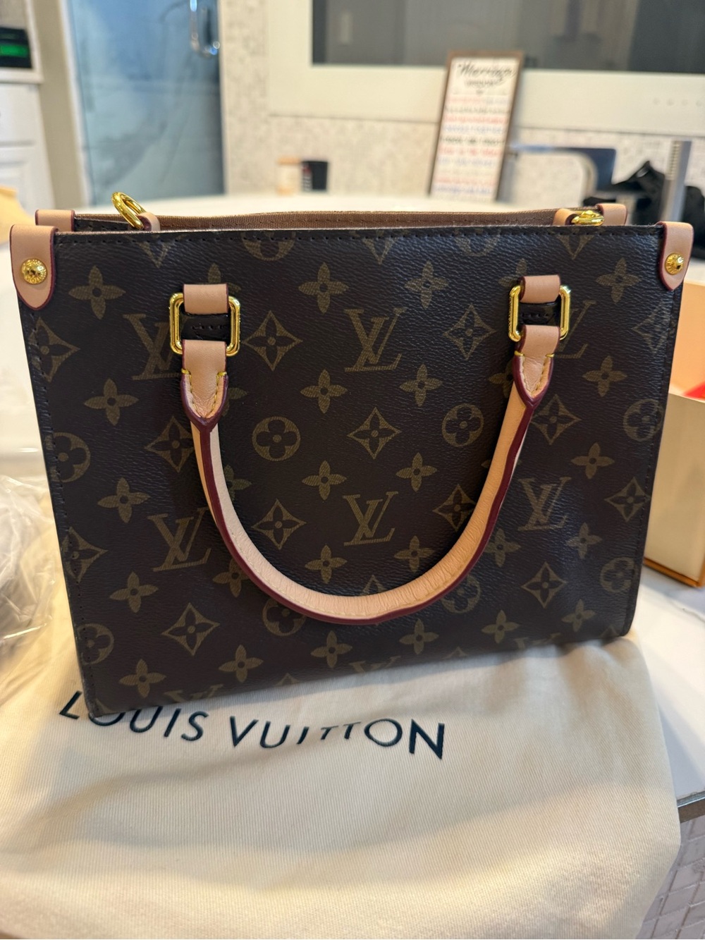 LV Monogram Canvas Tote with Red Trim and Gold Hardware - Picture 3 of 11